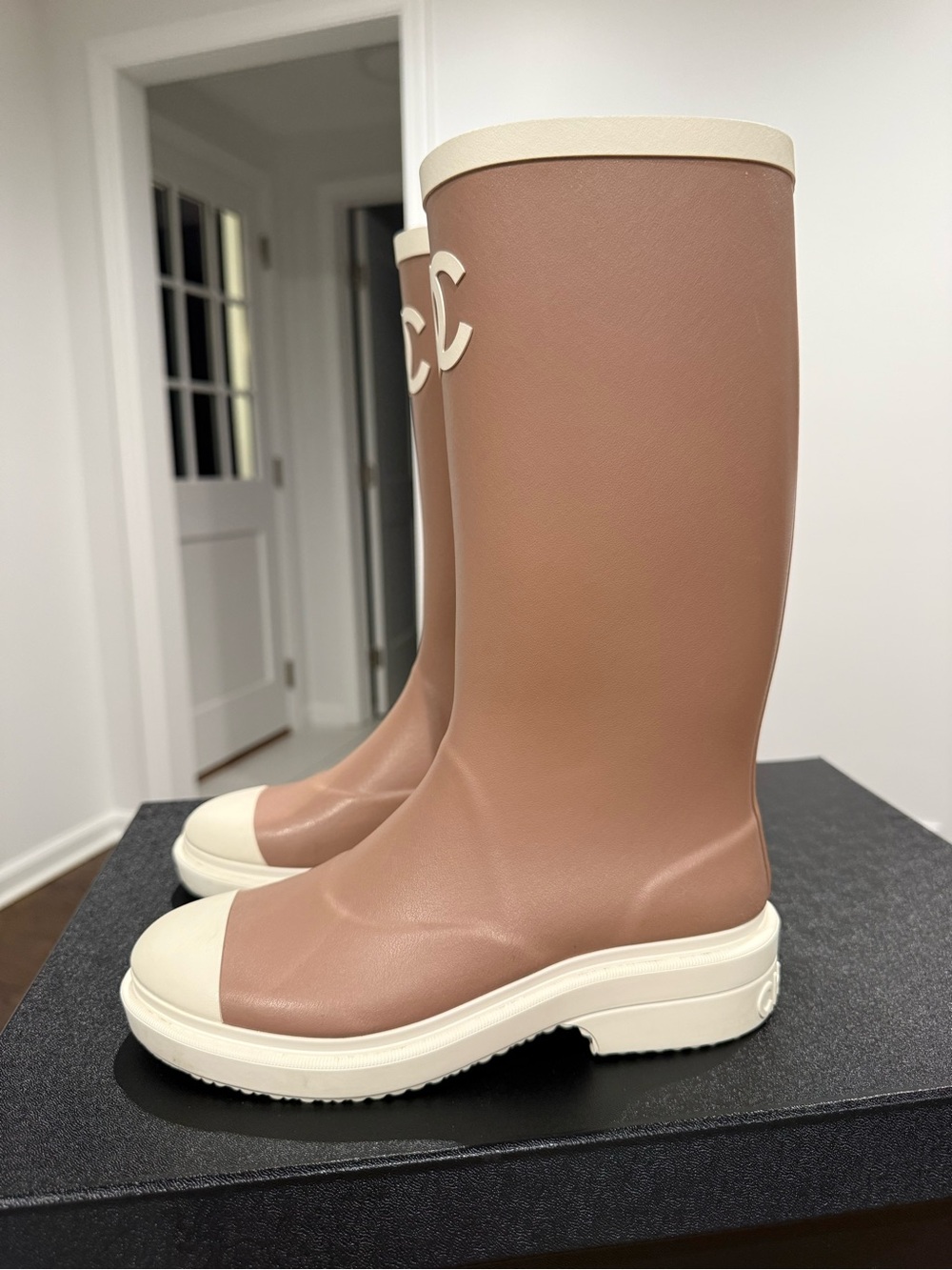CHANEL Beige and Cream Rubber Knee-High Rain Boots with CC Logo - Picture 7 of 10